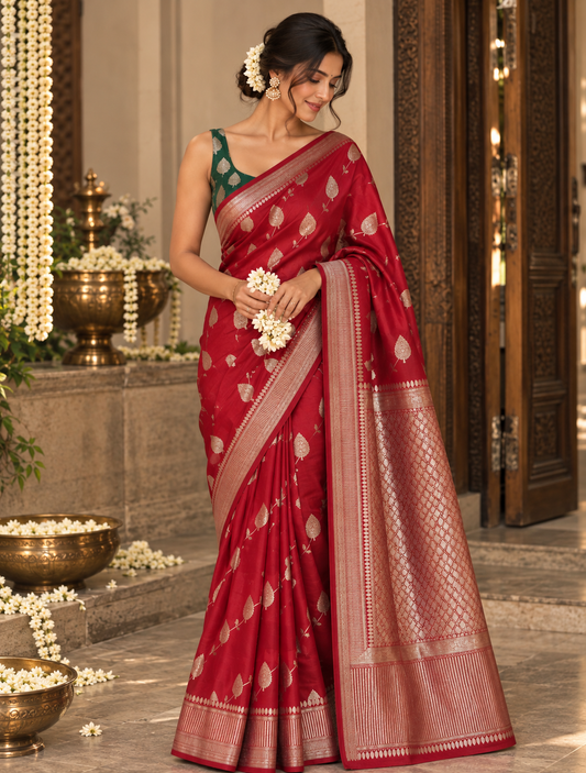 Vibrant red banaras silk saree with gold motifs