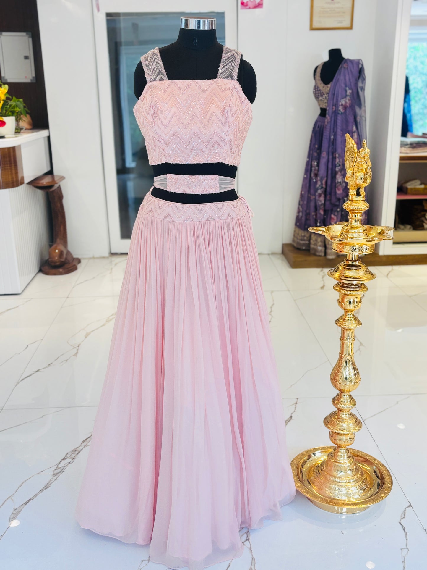 Pastel pink chiffon lehenga
