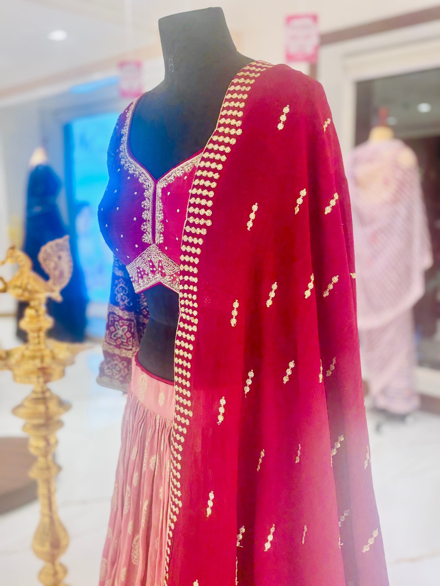 Ombre shaped banarasi Lehenga in maroon with embroidered blouse ￼