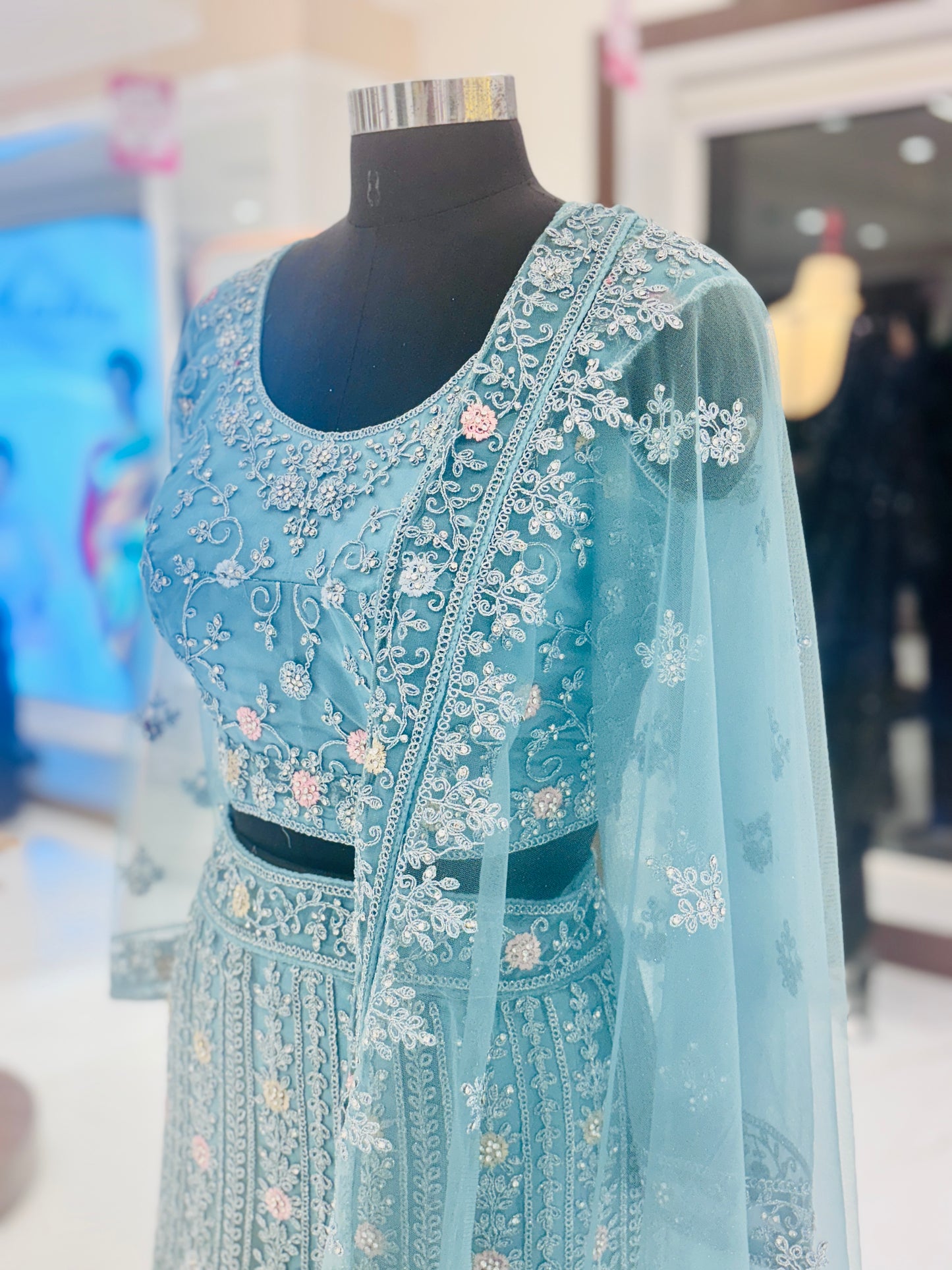 Teal blue embroidered lehenga set