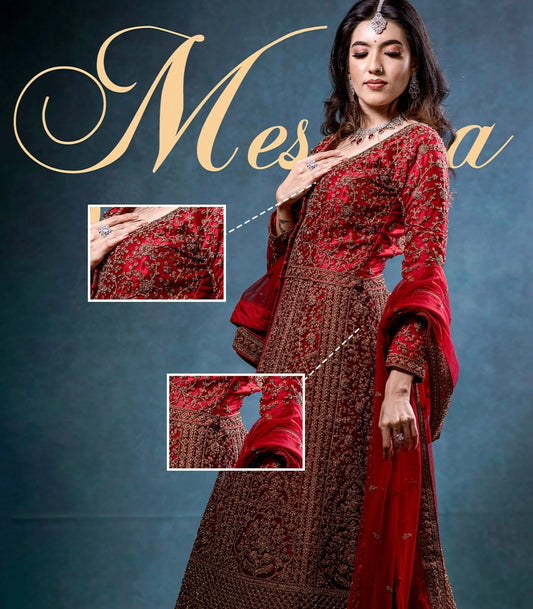 Red flaired three piece Anarkali and lehenga skirt with embroidery.