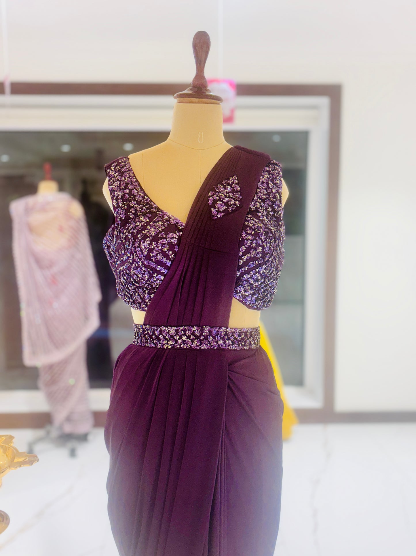 Deep violet drape Saree with sequence, blouse and belt