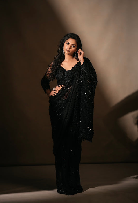 Black shimmer sequence designer Saree from Meshira