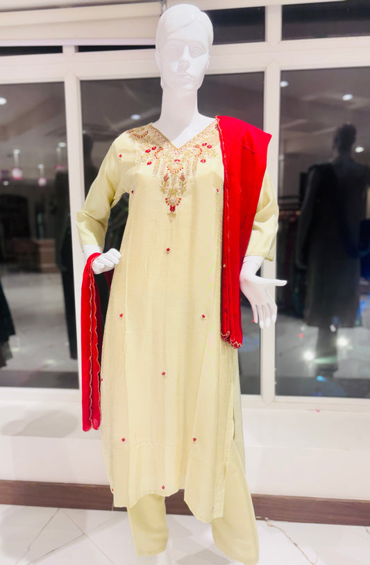 Embroidered Salwar suit in cream, color and red Dupata
