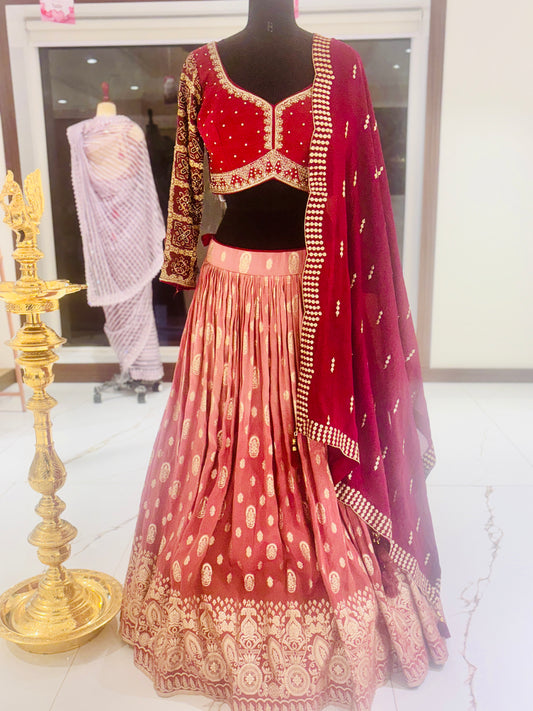 Ombre shaped banarasi Lehenga in maroon with embroidered blouse ￼