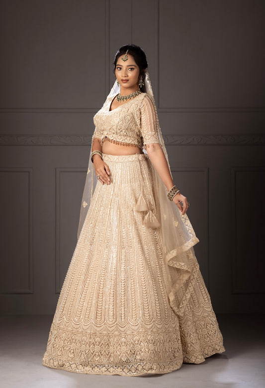 Pearl white lehenga with beaded sequined bridal lehenga
