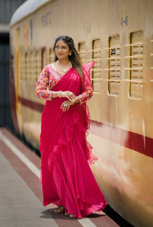 Fuchsia pink designer drape saree with belt