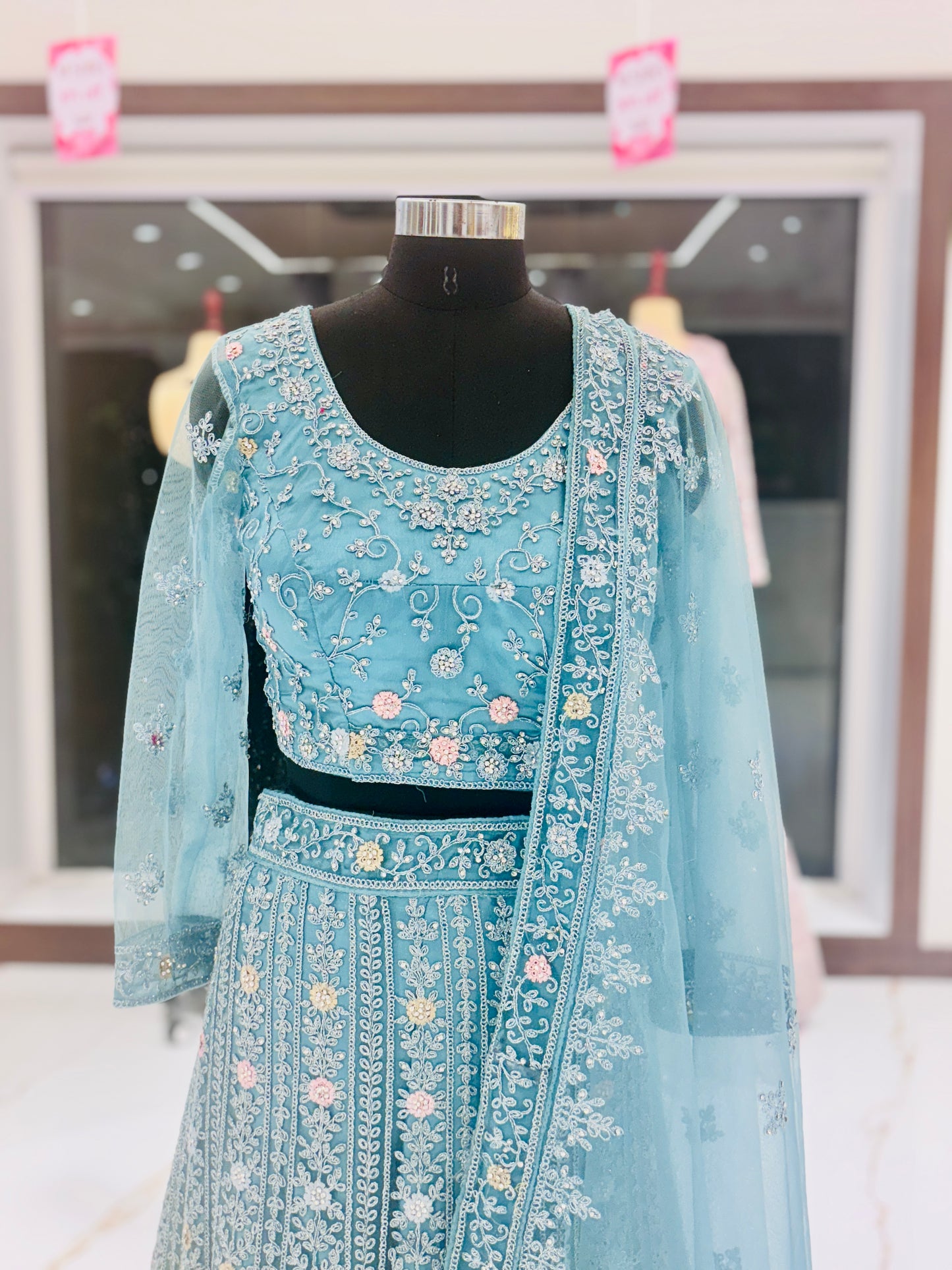 Teal blue embroidered lehenga set