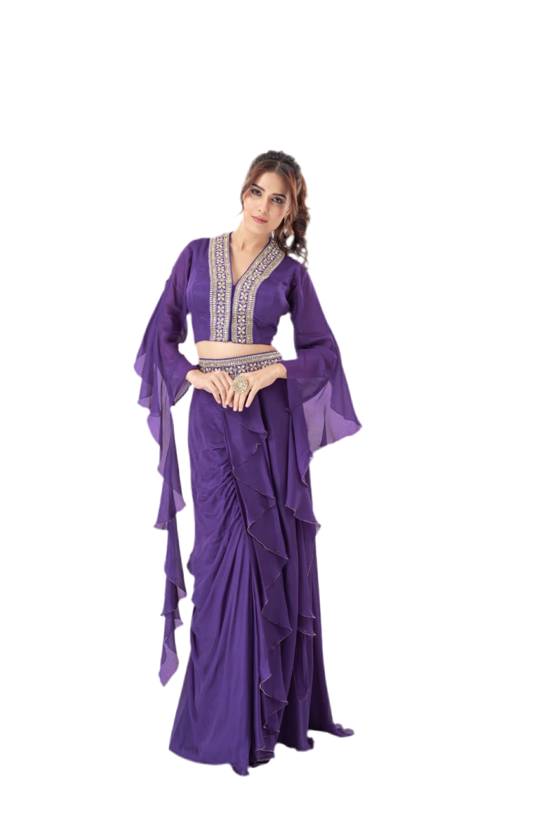 Purple drape ruffle chiffon set from Meshira