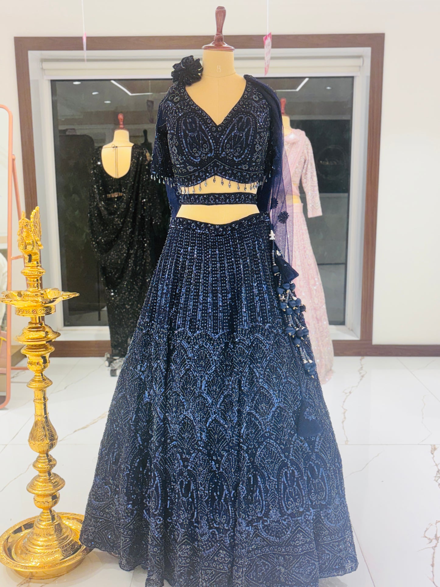 Midnight blue sequin bridal lehenga