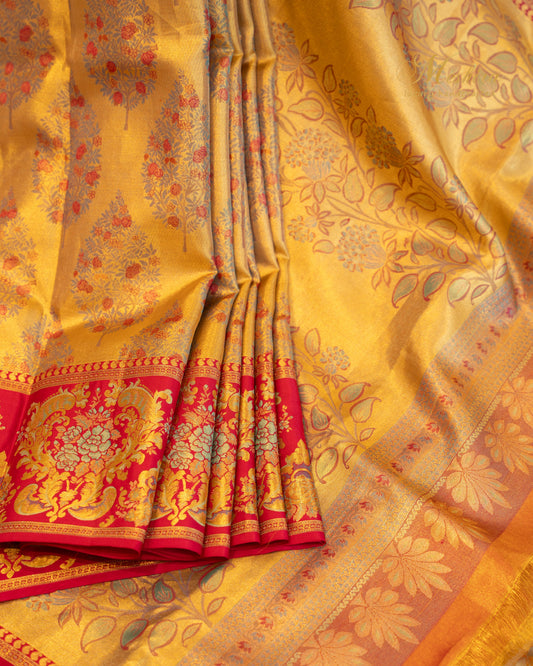 Golden Kanchivaram Silk Saree with Red Brocade and Floral Zari