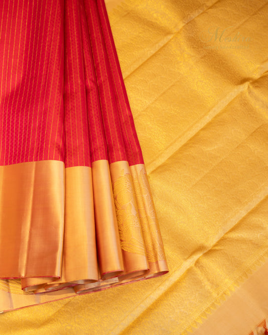 Reddish Peach Kanchipuram Silk Saree with Zari Veldhari Stripes
