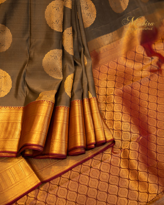 Olive Kanchivaram Silk with Geometric Zari and Radiant Rust Pallu