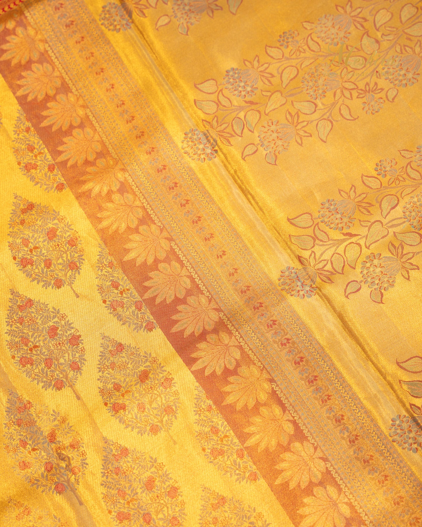 Golden Kanchivaram Silk Saree with Red Brocade and Floral Zari