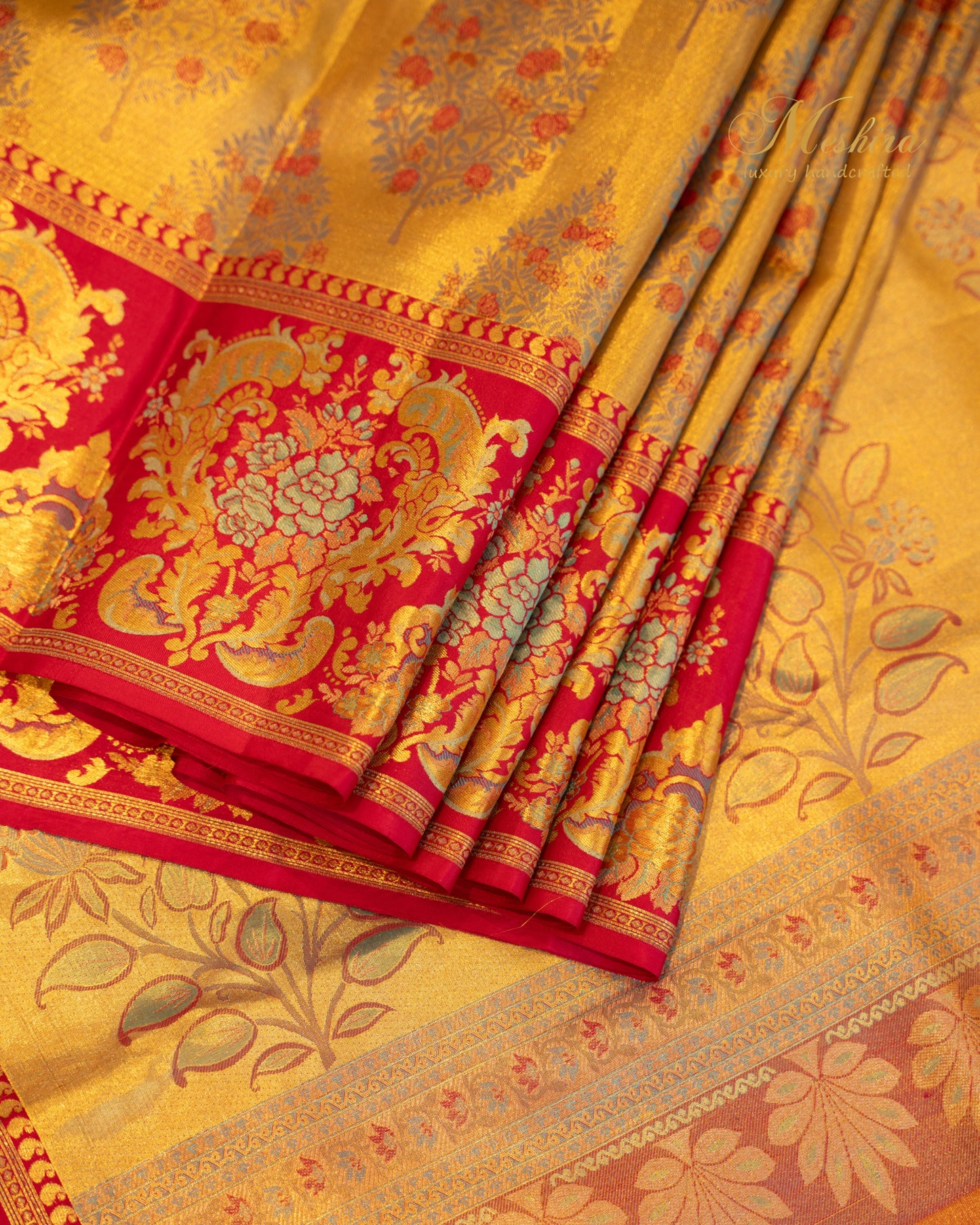 Golden Kanchivaram Silk Saree with Red Brocade and Floral Zari