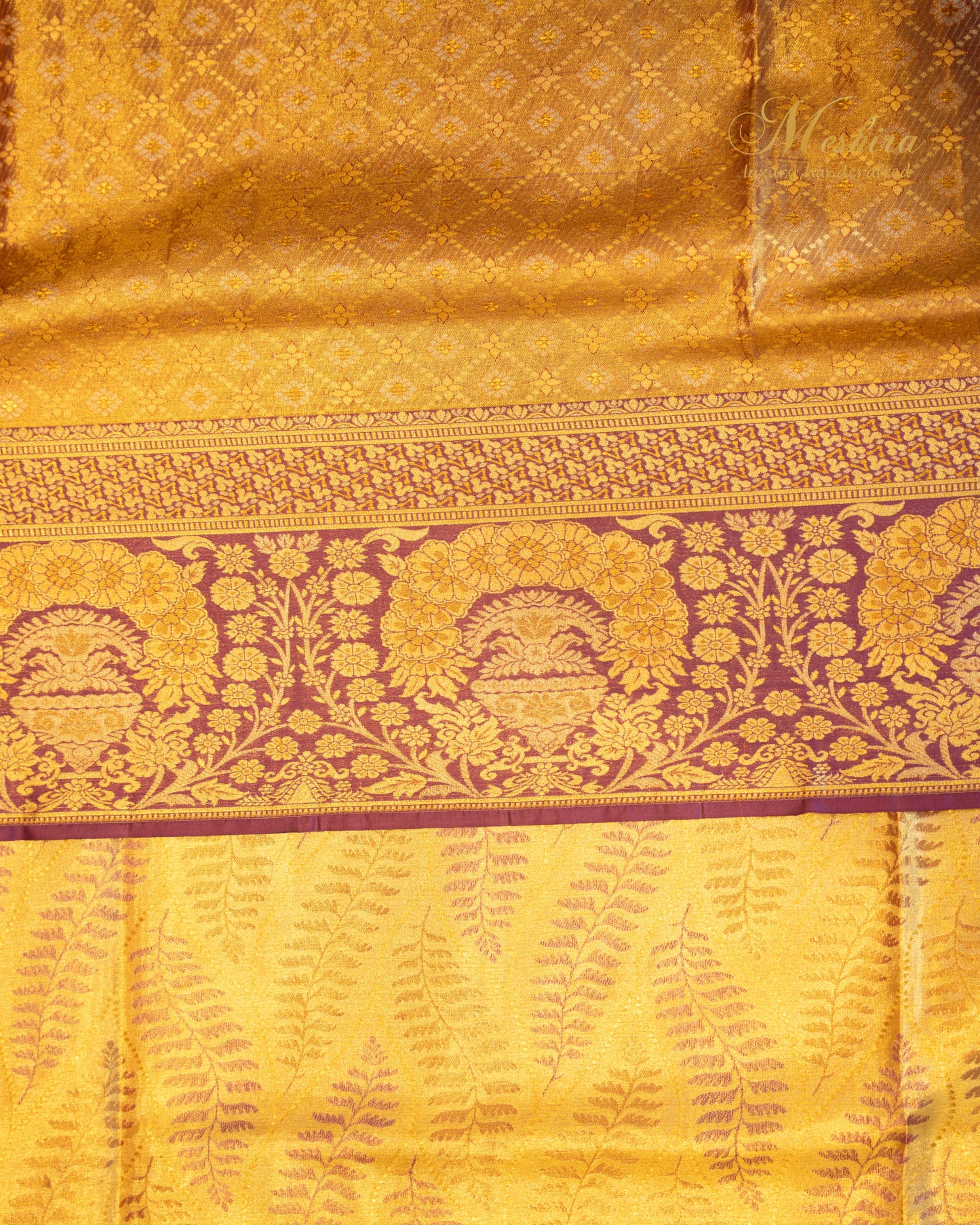 Mustard Kanchivaram Silk saree with Lavender Motifs and plum border
