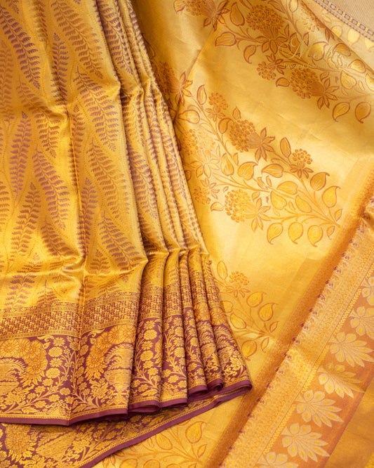 Mustard Kanchivaram Silk saree with Lavender Motifs and plum border