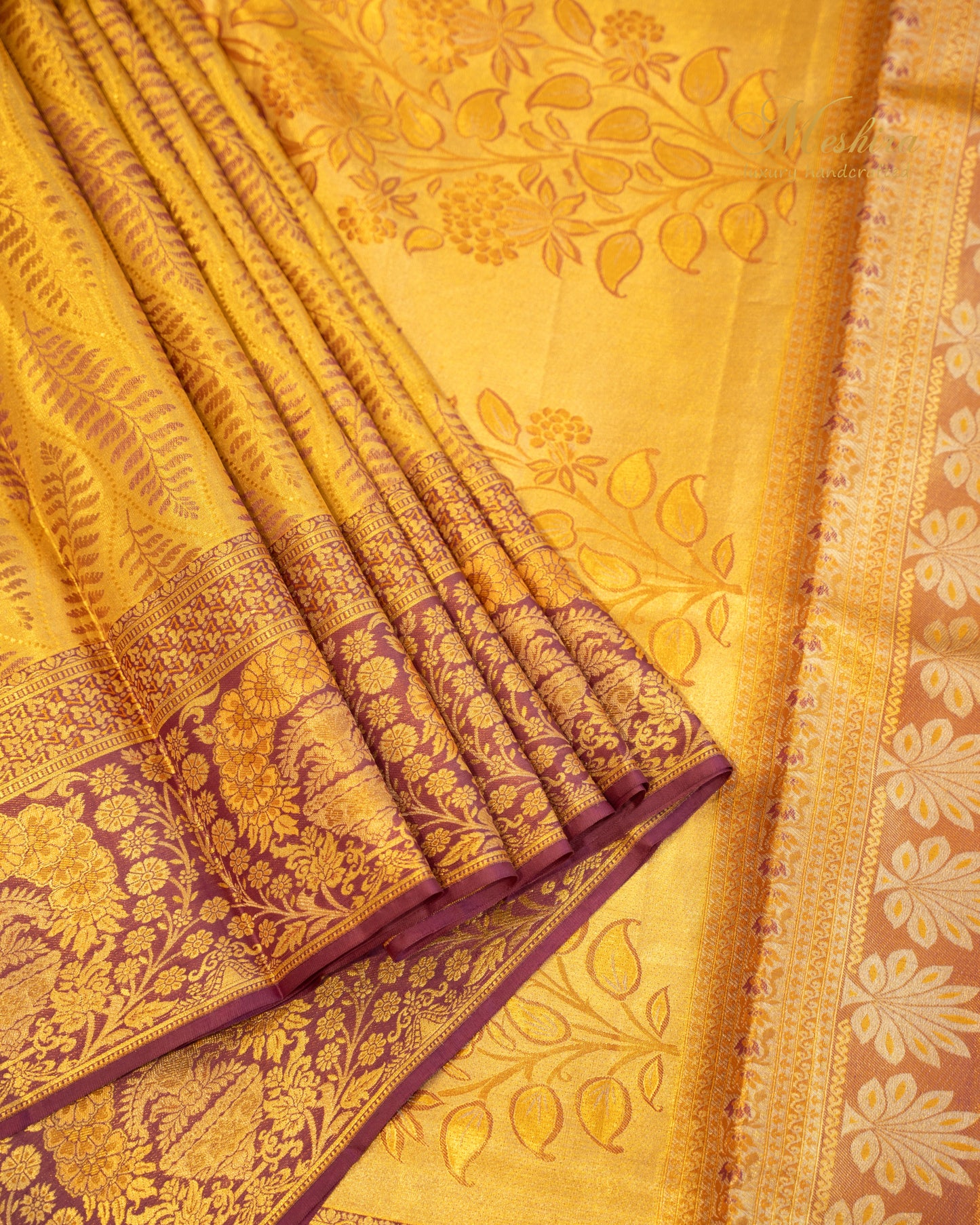 Mustard Kanchivaram Silk saree with Lavender Motifs and plum border