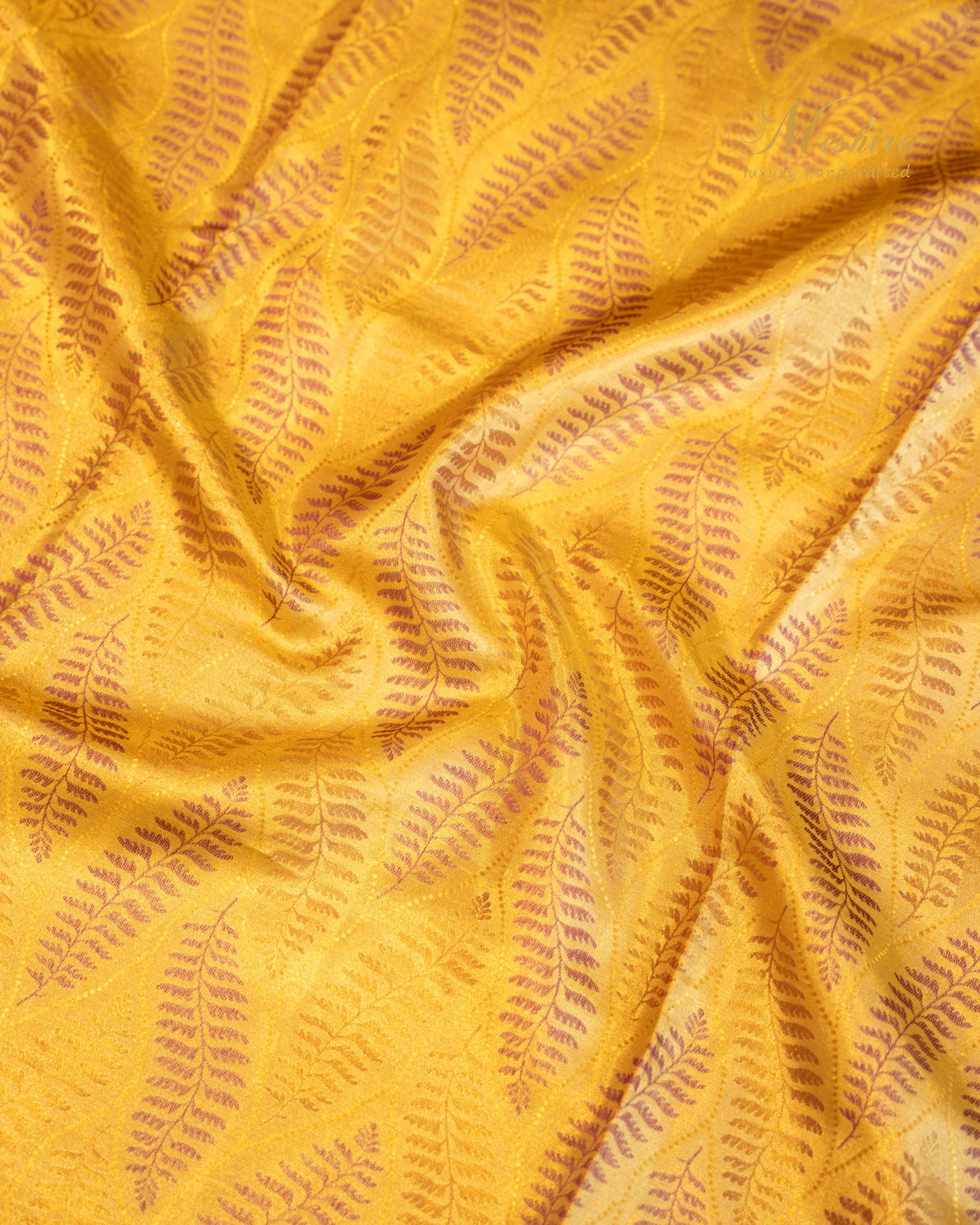 Mustard Kanchivaram Silk saree with Lavender Motifs and plum border
