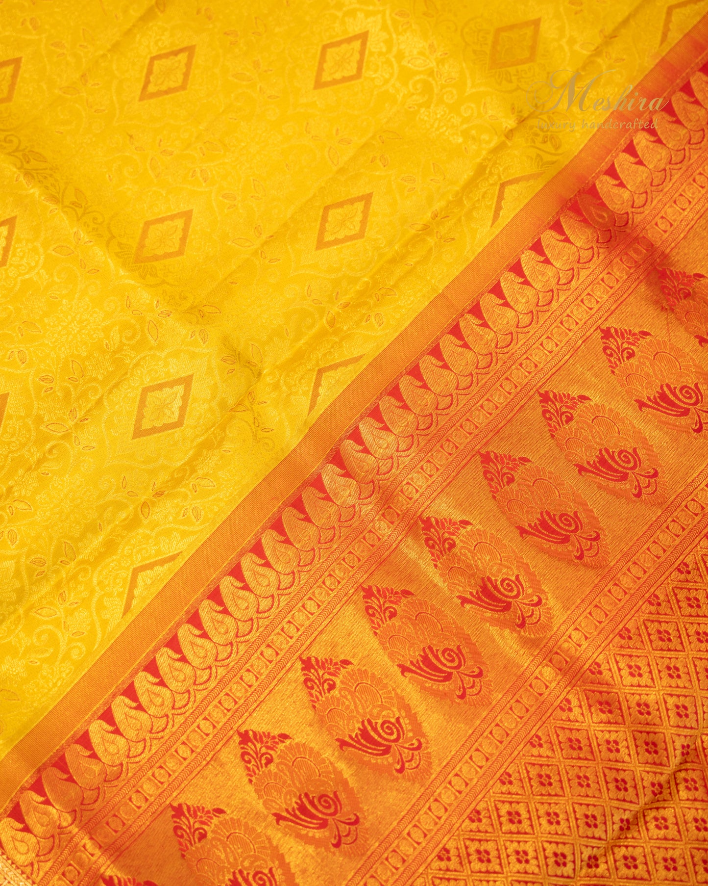Sunlit Yellow Kanchivaram Silk saree with Coral Zari Elegance