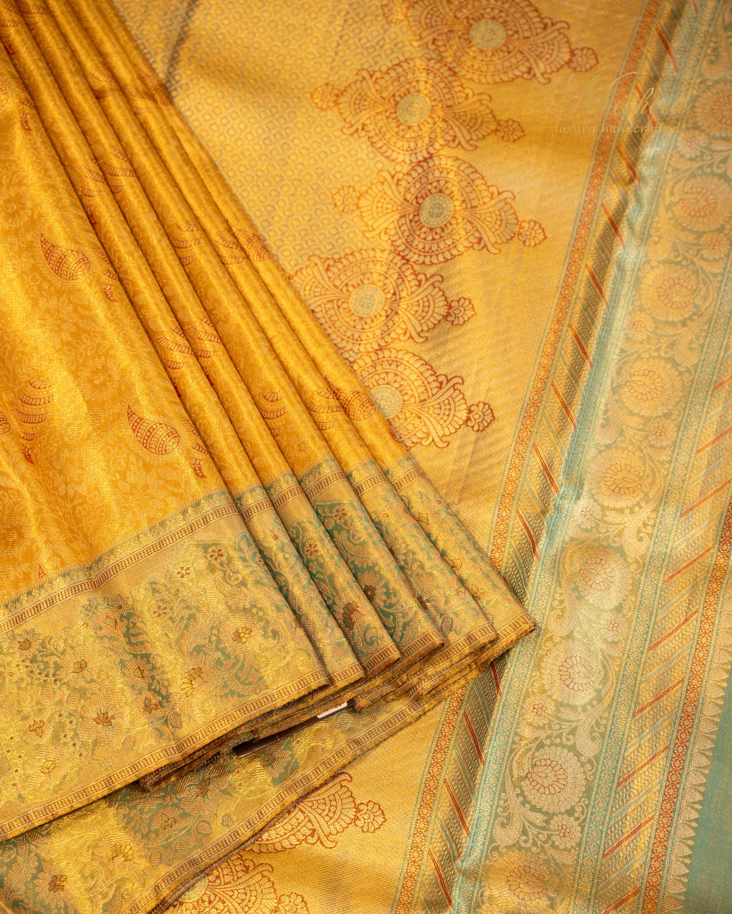 Majestic Mustard Kanchivaram Silk with Antique Green Zari Elegance