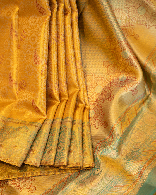 Majestic Mustard Kanchivaram Silk with Antique Green Zari Elegance