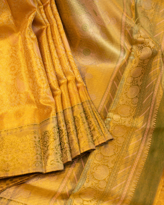 Radiant Marigold Kanchivaram Silk Saree with Olive and Blush Highlights