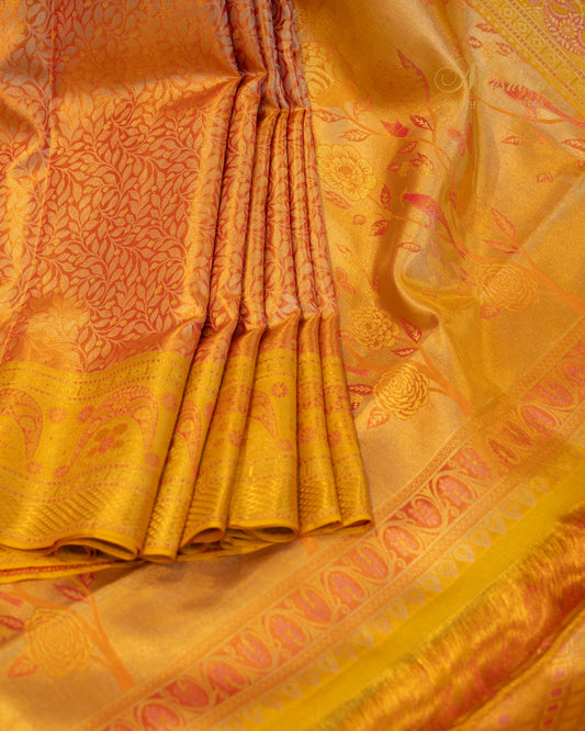 Serene Yellow Kanchivaram Silk Saree with Woven Birds and Blossoms