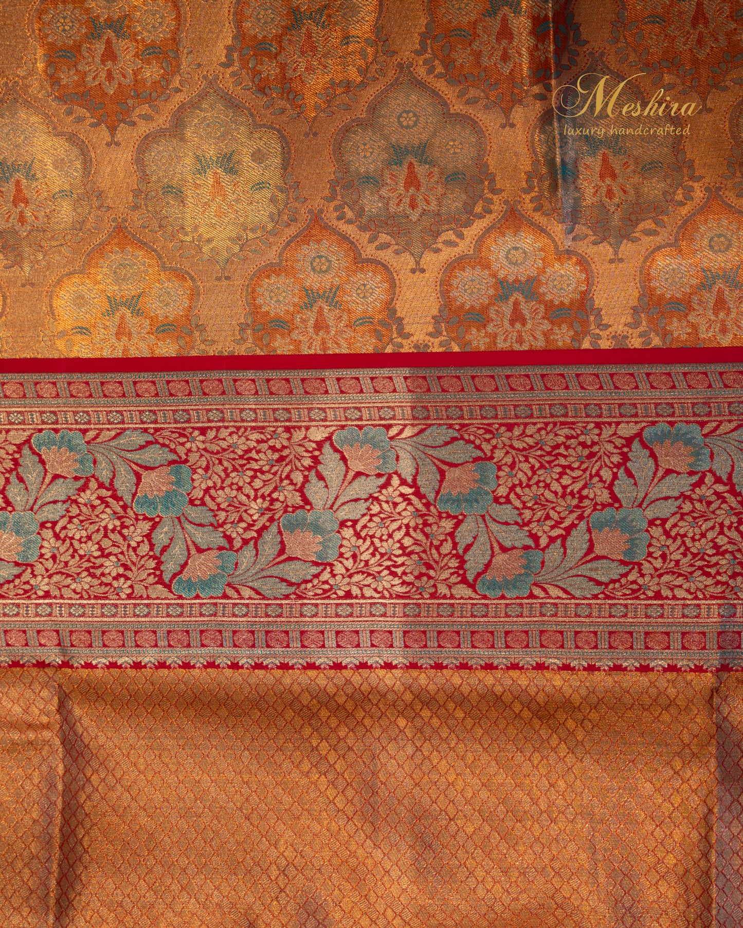 Copper-Orange Kanchivaram Silk Saree with pink Floral Zari Border