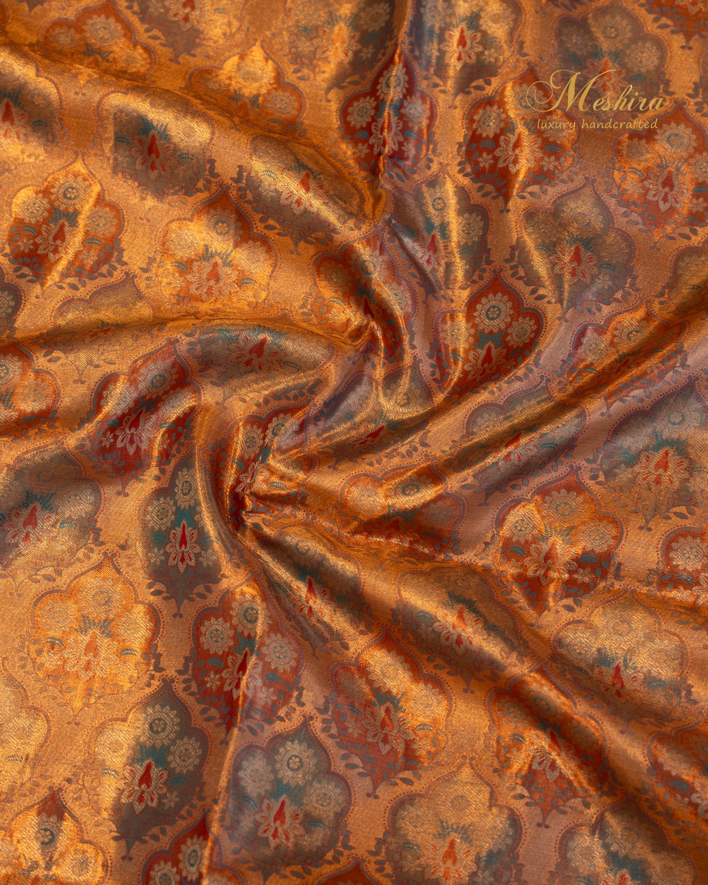 Copper-Orange Kanchivaram Silk Saree with pink Floral Zari Border