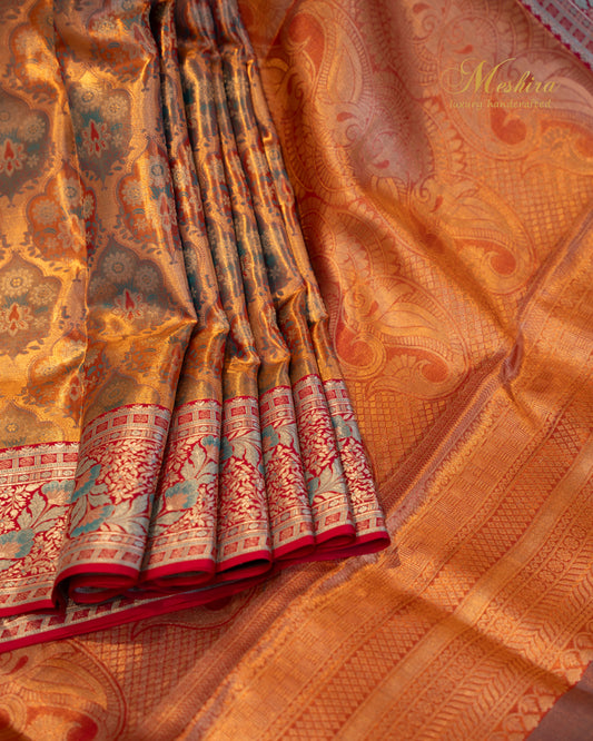 Copper-Orange Kanchivaram Silk Saree with pink Floral Zari Border