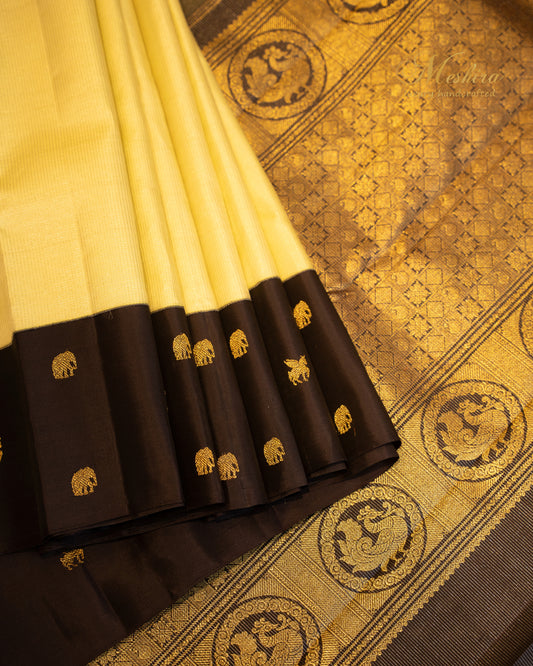 Yellowish green and Coffee brown kanchivaram silk saree