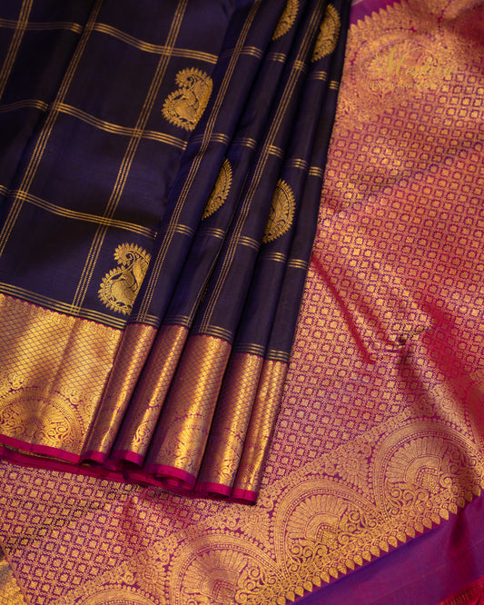 Majestic half and half Kanchivaram silk saree in royal blue and magenta pink