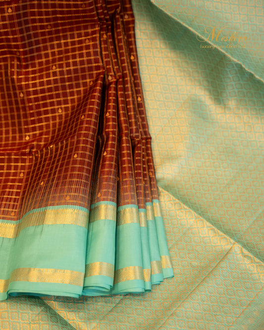 Exquisite Crimson Kanchivaram silk saree with Aqua-Gold Border Symphony