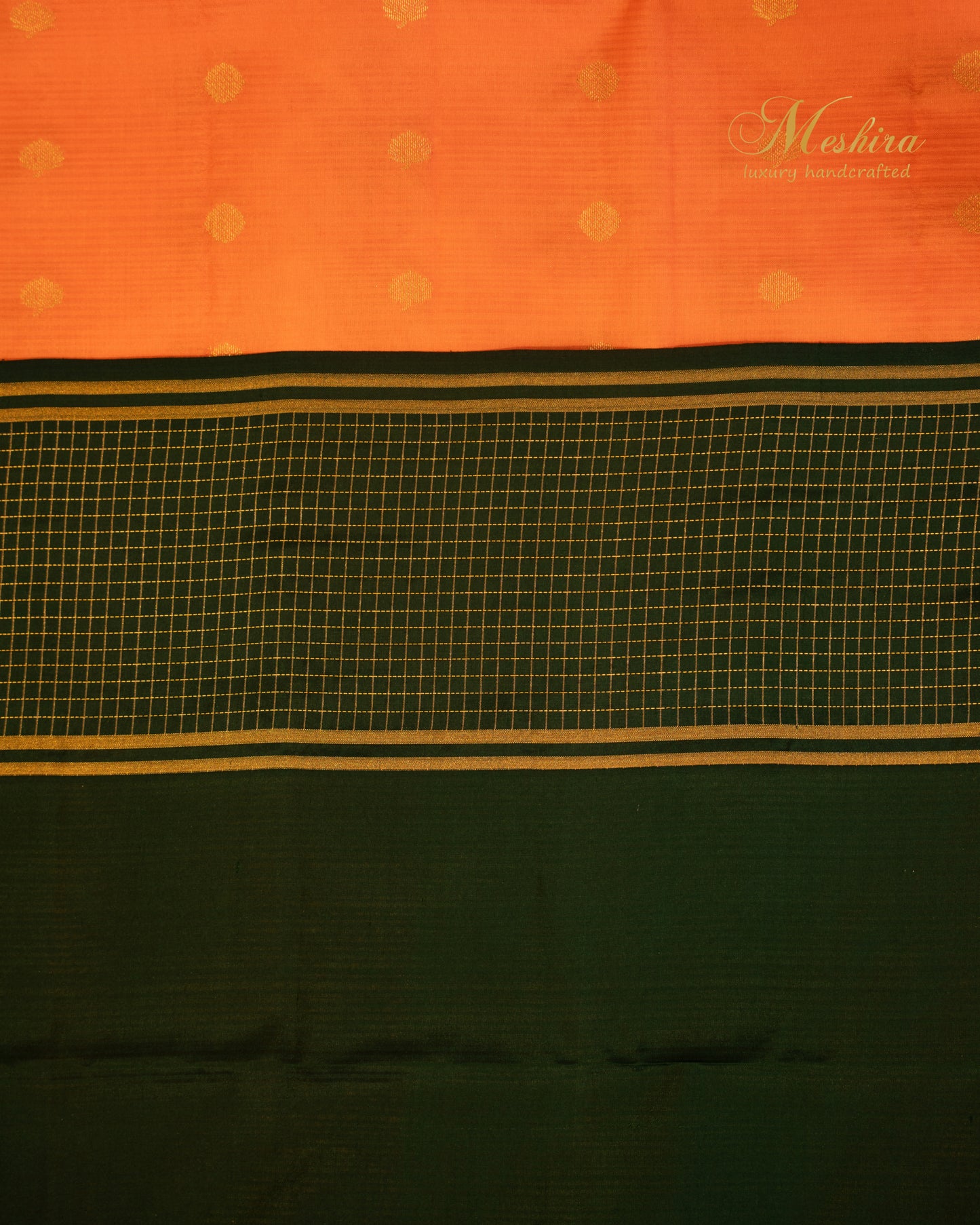 Luminous Orange Kanchivaram Silk saree Draped in Bold green and Gold Zari