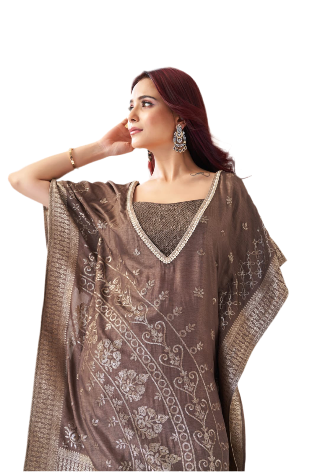 Banarasi elegant kaftan set from Meshira with zari accents.