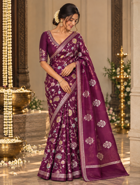 Elegant Wine shade banarasi silk saree with gold motifs
