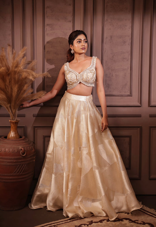 Ivory foil print designer Lehenga