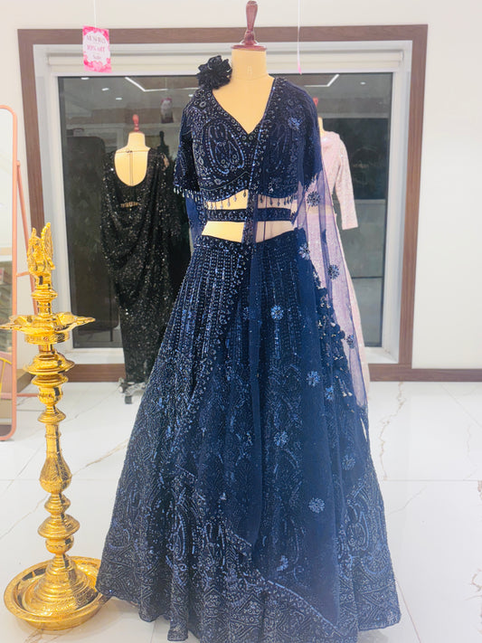 Midnight blue sequin bridal lehenga