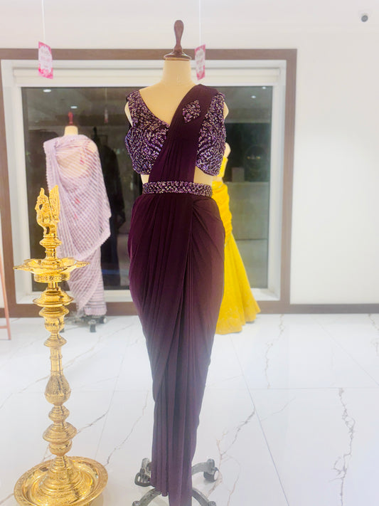 Deep violet drape Saree with sequence, blouse and belt