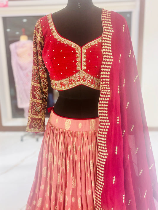 Ombre shaped banarasi Lehenga in maroon with embroidered blouse ￼