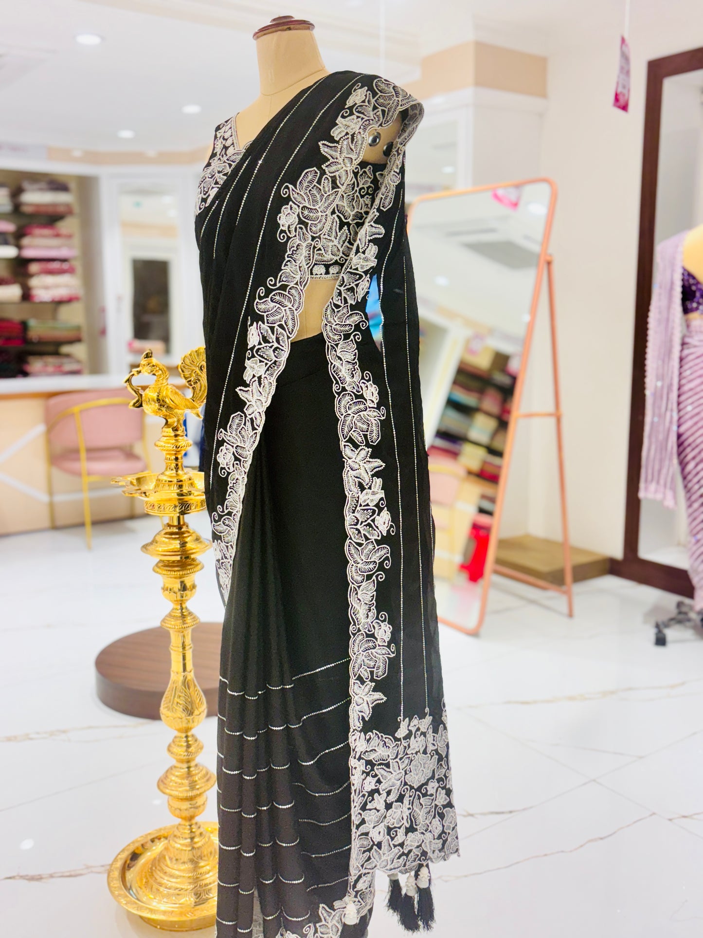 Black Georgette Ready-to-Wear Saree with Ivory Embroidery