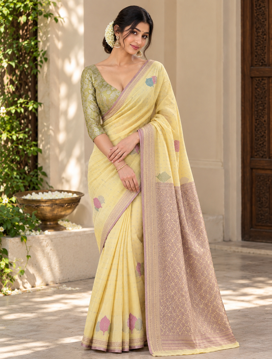 Regal yellow banarasi silk saree with gold motifs and contrast blouse