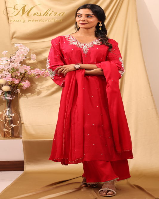 Scarlet Bloom Hand Embroidered Suit Set