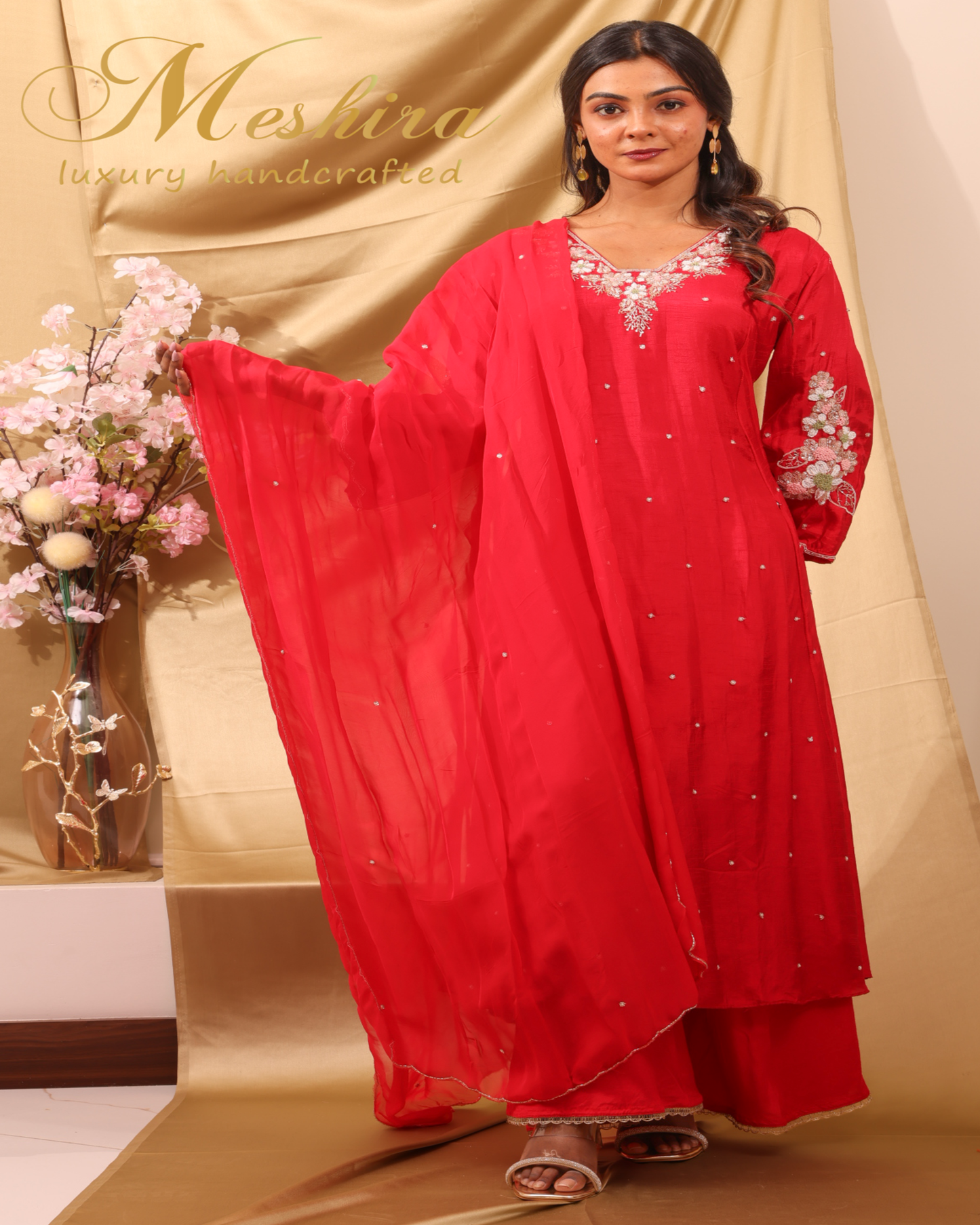 Scarlet Bloom Hand Embroidered Suit Set