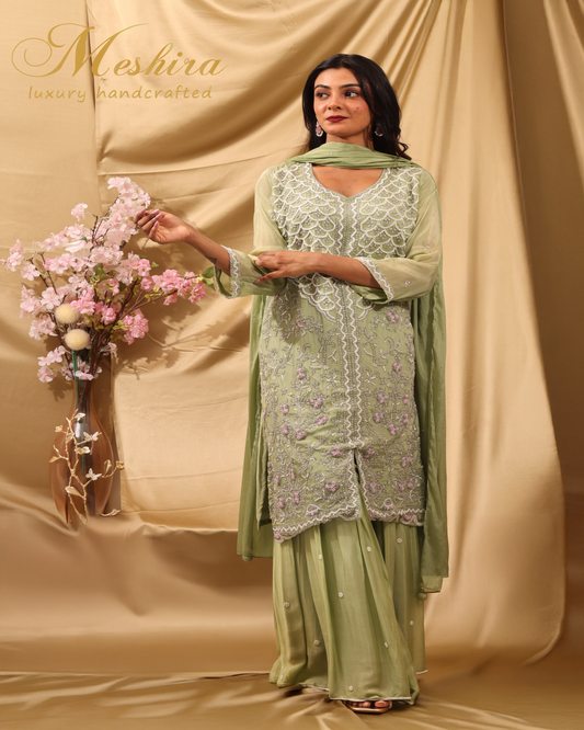 Handcrafted Sage Green Embroidered Outfit