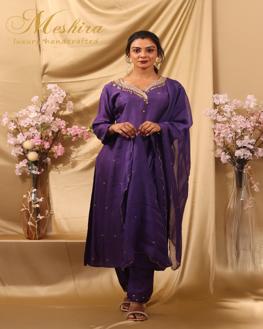Regal Purple Suit with Golden Neckline