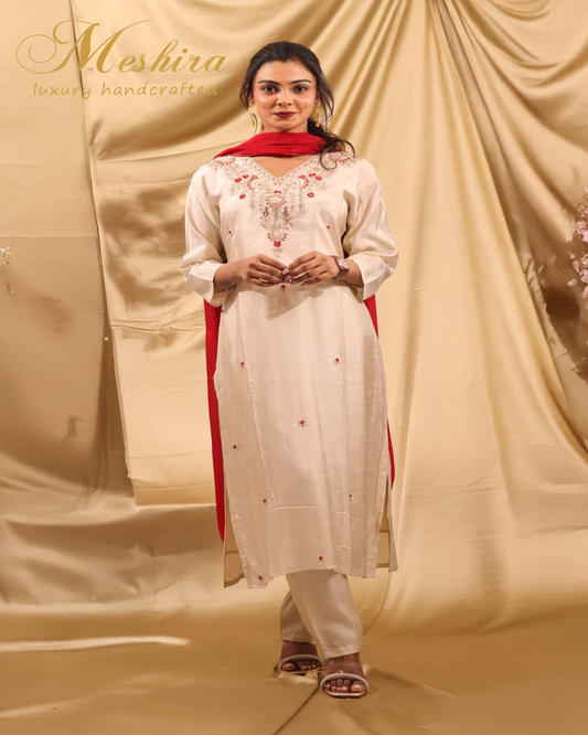 Elegant Cream Kurta Set with Red Embroidery