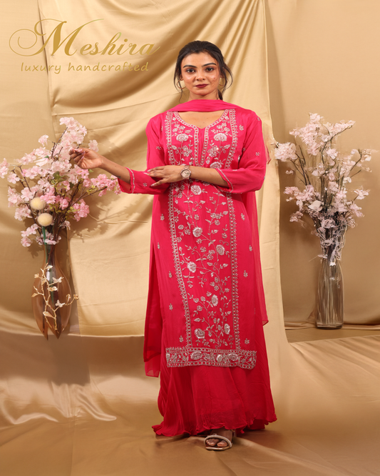 Vibrant Hot Pink Embroidered Sharara Suit
