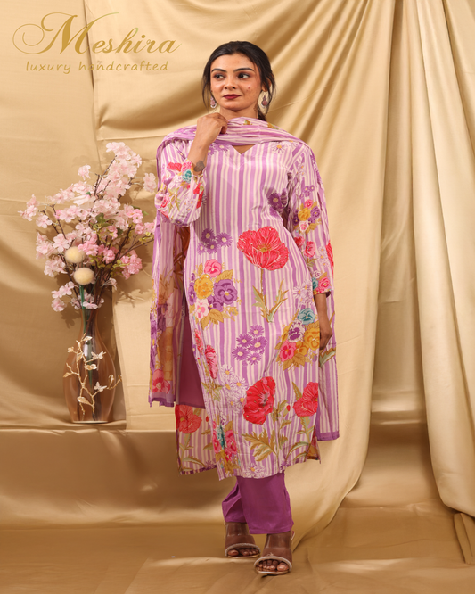 Chic Lavender Striped & Floral Printed Kurta Set